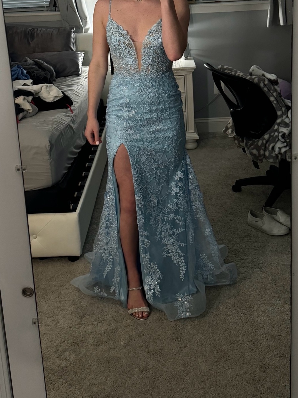 Sherri Hill Light Blue Lace Appliqué Plunge Prom Dress with Thigh Slit